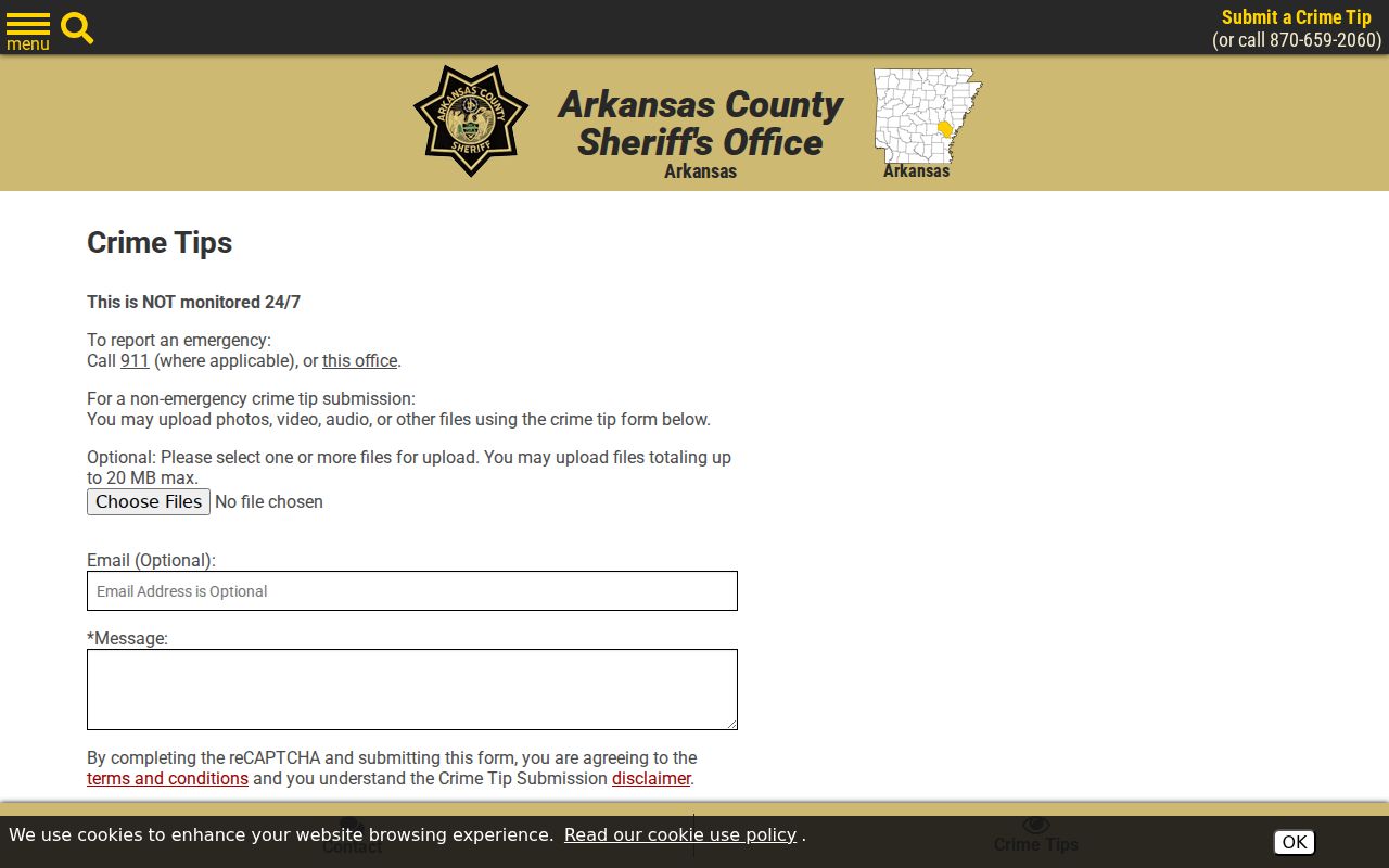 Arkansas County Sheriff tip form, not a warrant check